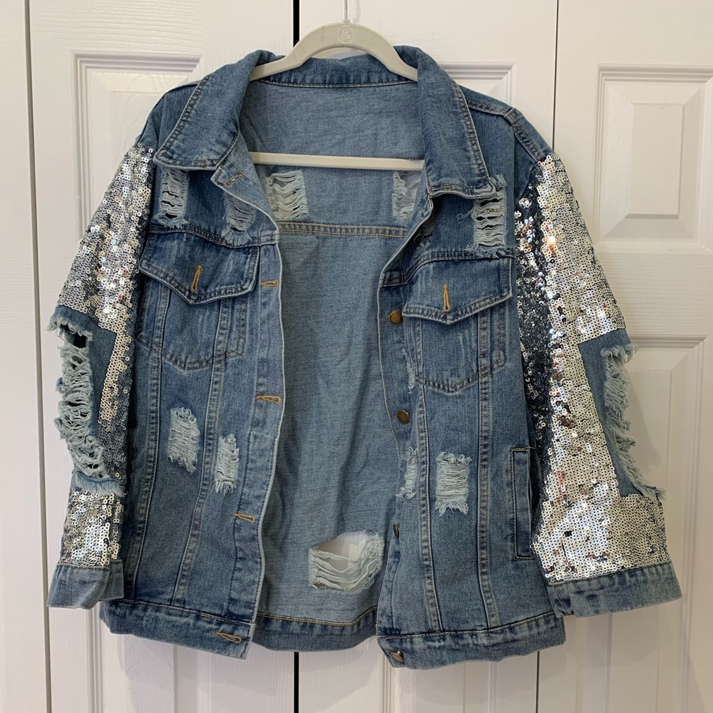 Distressed sequin & denim jacket